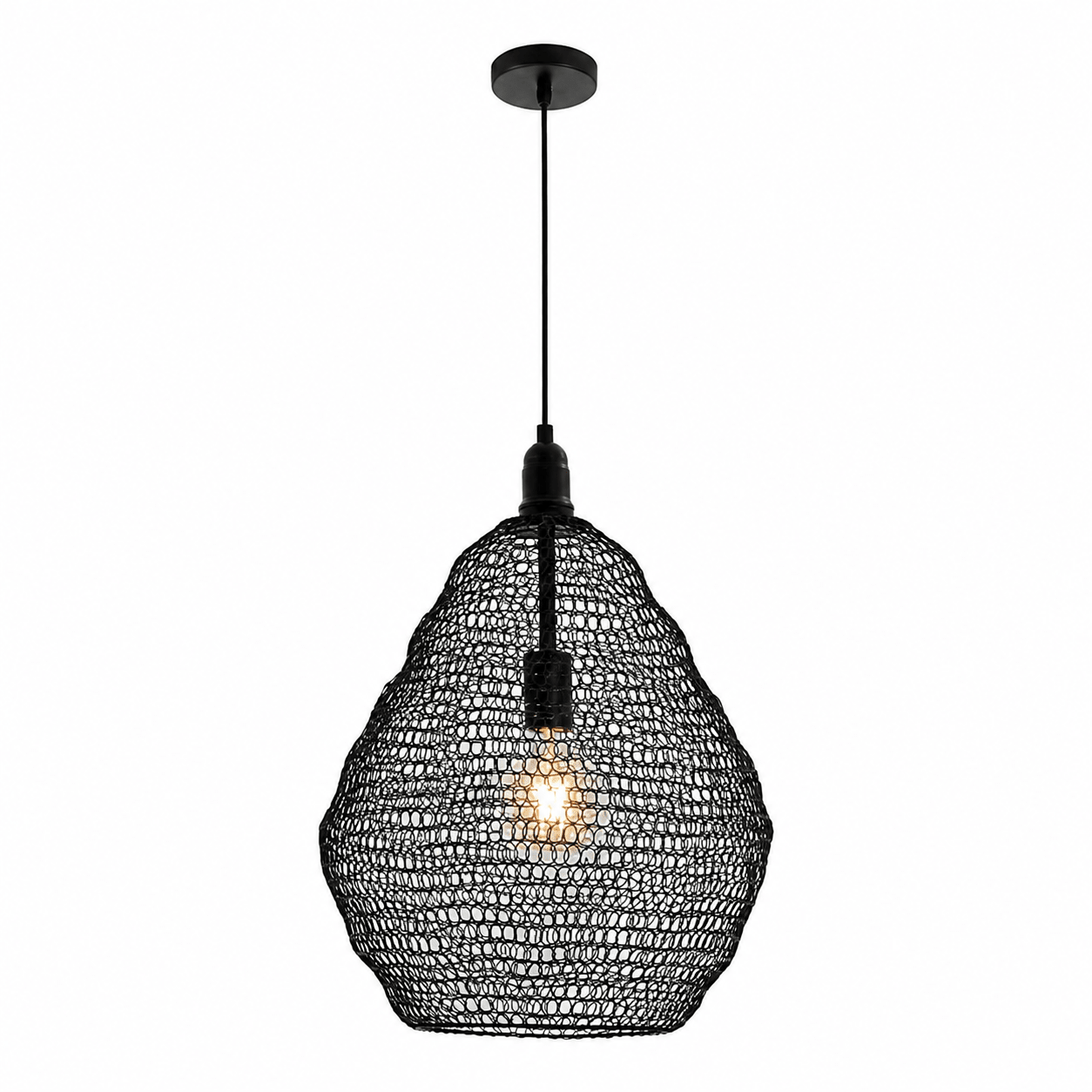 Black wire mesh pendant light with a unique shape, showcasing an E27 bulb inside.
