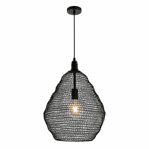 Black wire mesh pendant light with a unique shape, showcasing an E27 bulb inside.