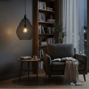 Black wire mesh pendant light hanging above a cozy armchair and side table in a modern living room.