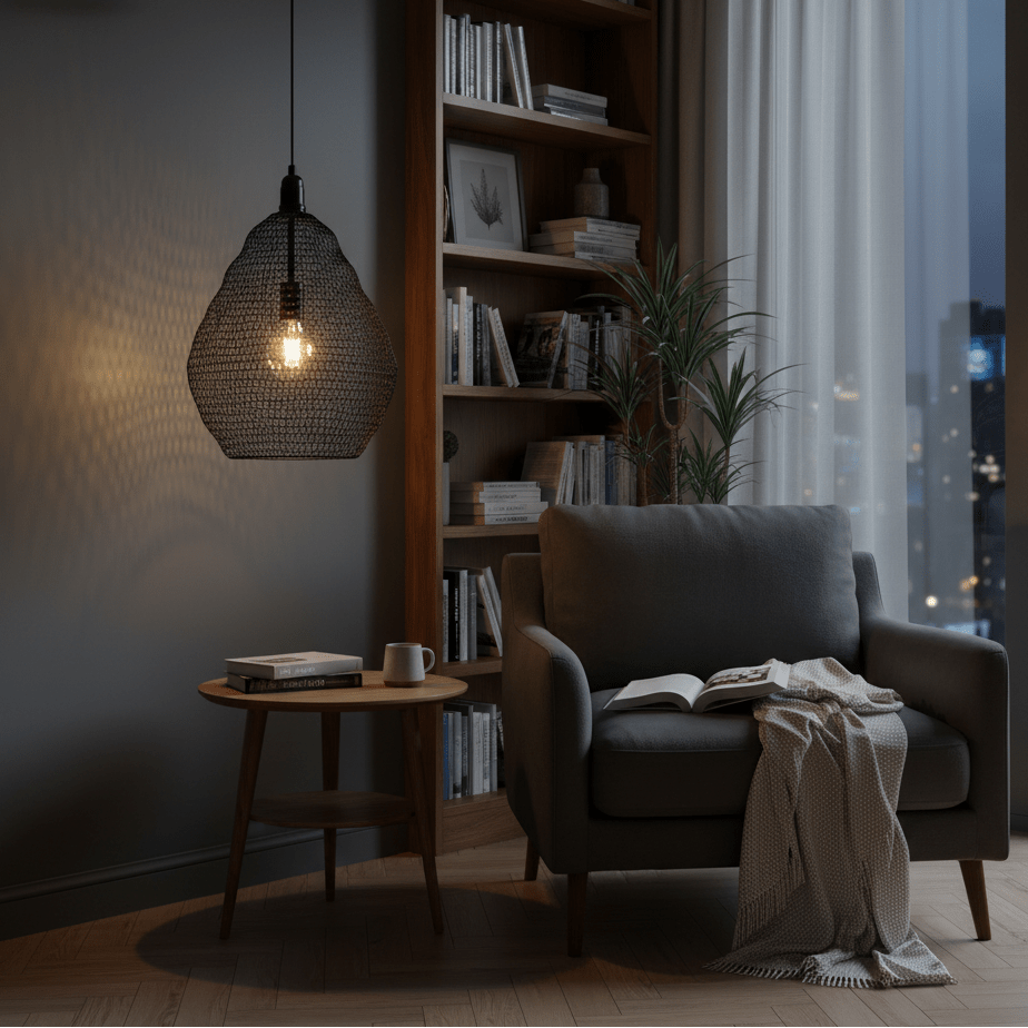 Black wire mesh pendant light hanging above a cozy armchair and side table in a modern living room.
