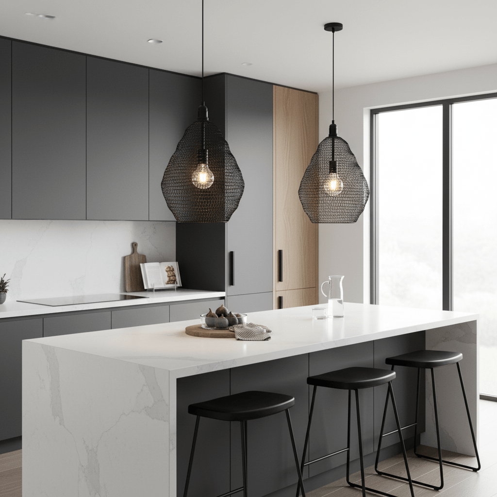 Two black wire-mesh pendant lights hang over a modern kitchen island with a marble countertop.