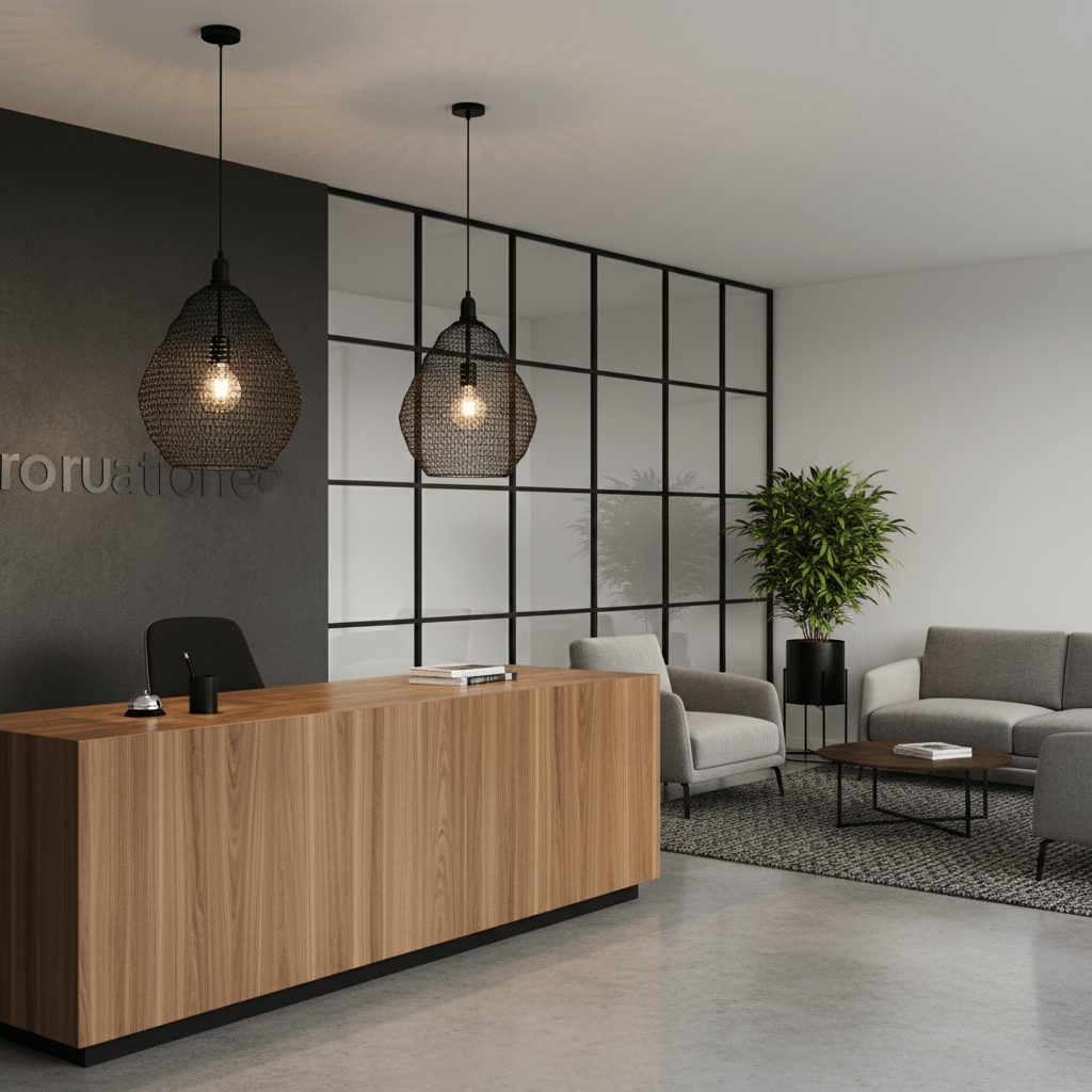 Two black wire mesh pendant lights hang over a wooden reception desk in a modern office setting.
