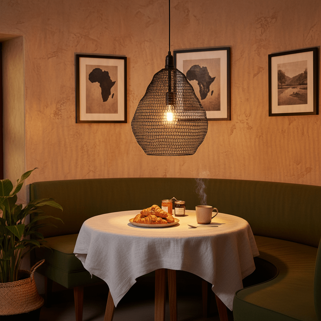Phantom Black 500 Wire Mesh Pendant light hanging over a cozy dining table with croissants and coffee.