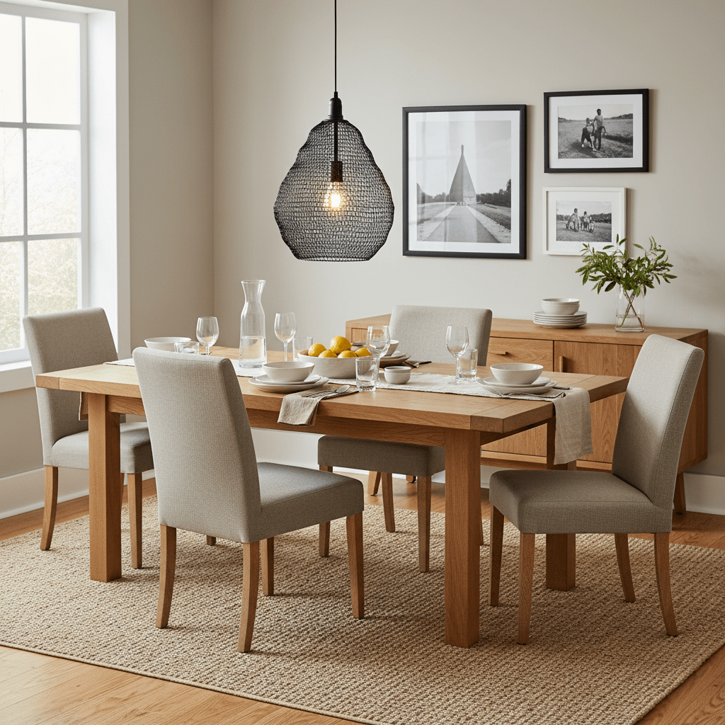 Black wire mesh pendant light hanging above a wooden dining table set with dishes and glasses.