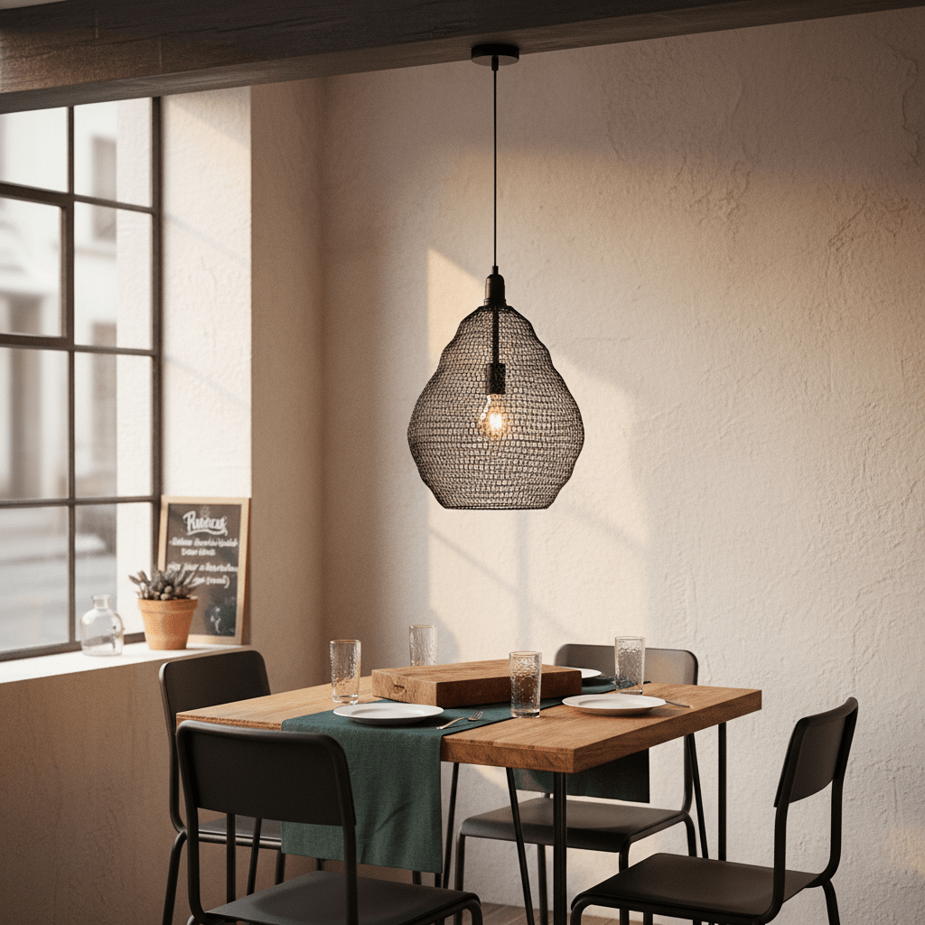 Phantom Black 500 Wire Mesh Pendant hanging above a wooden dining table set with glasses and a green table runner.