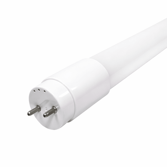 Dimmable T8 LED tube with a white finish and two prongs, designed for indoor lighting.