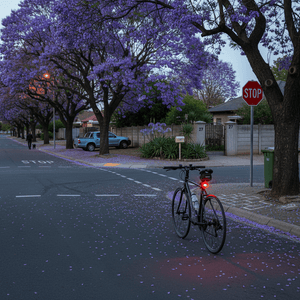 A bicycle with a red rear light parked on a street lined with purple flowering trees at dusk.