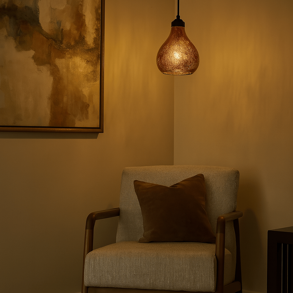 Cozy corner with a chair, cushion, and hanging light fixture in a warm room.