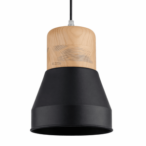 Pendant light with wooden top and black bottom on a white background