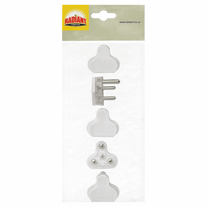 Pack of five 16A white plug tops displayed on a clear backing, showcasing different plug designs.