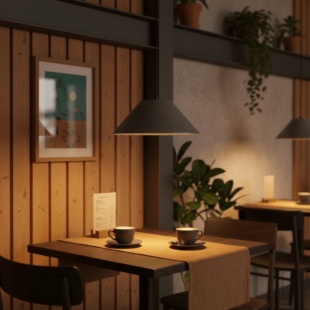 Grey felt pendant light hanging over a wooden table with two coffee cups, framed art on wood wall.