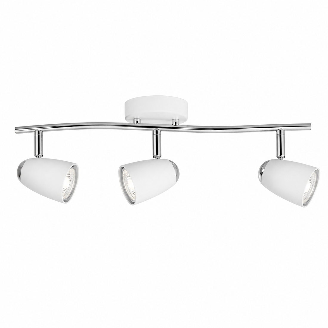 White Polished Chrome LED Spotlight Adjustable Heads ceiling fitting in a modern South African lounge, white ceiling, chrome details, adjustable heads pointing to a couch and artwork, natural colours, realistic shadows, no text, no logos.