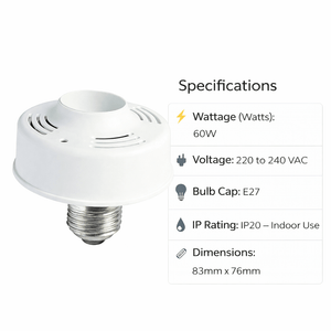 Close-up of a sound-activated E27 lamp holder with specifications displayed alongside.