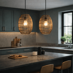 Two Twine Pendant Coffee lights hanging over a kitchen island, illuminating a cozy dining setup.