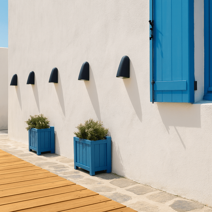 Buy outdoor wall lights in Cape Town, realistic Future Light style product discovery scene for exterior LED wall lights, weather-resistant home lighting options, balanced 800x800 composition with charcoal and warm oak accents