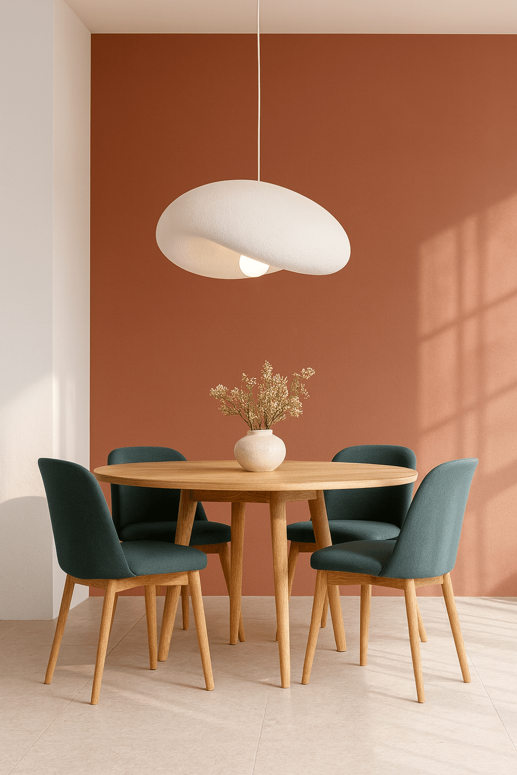 Ivory Drift 700 Pendant Light hanging above a round wooden dining table with green chairs and a vase of flowers.
