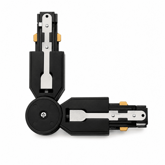 Black L-connector for 3-wire track lighting, featuring metal contacts and a secure joint mechanism.
