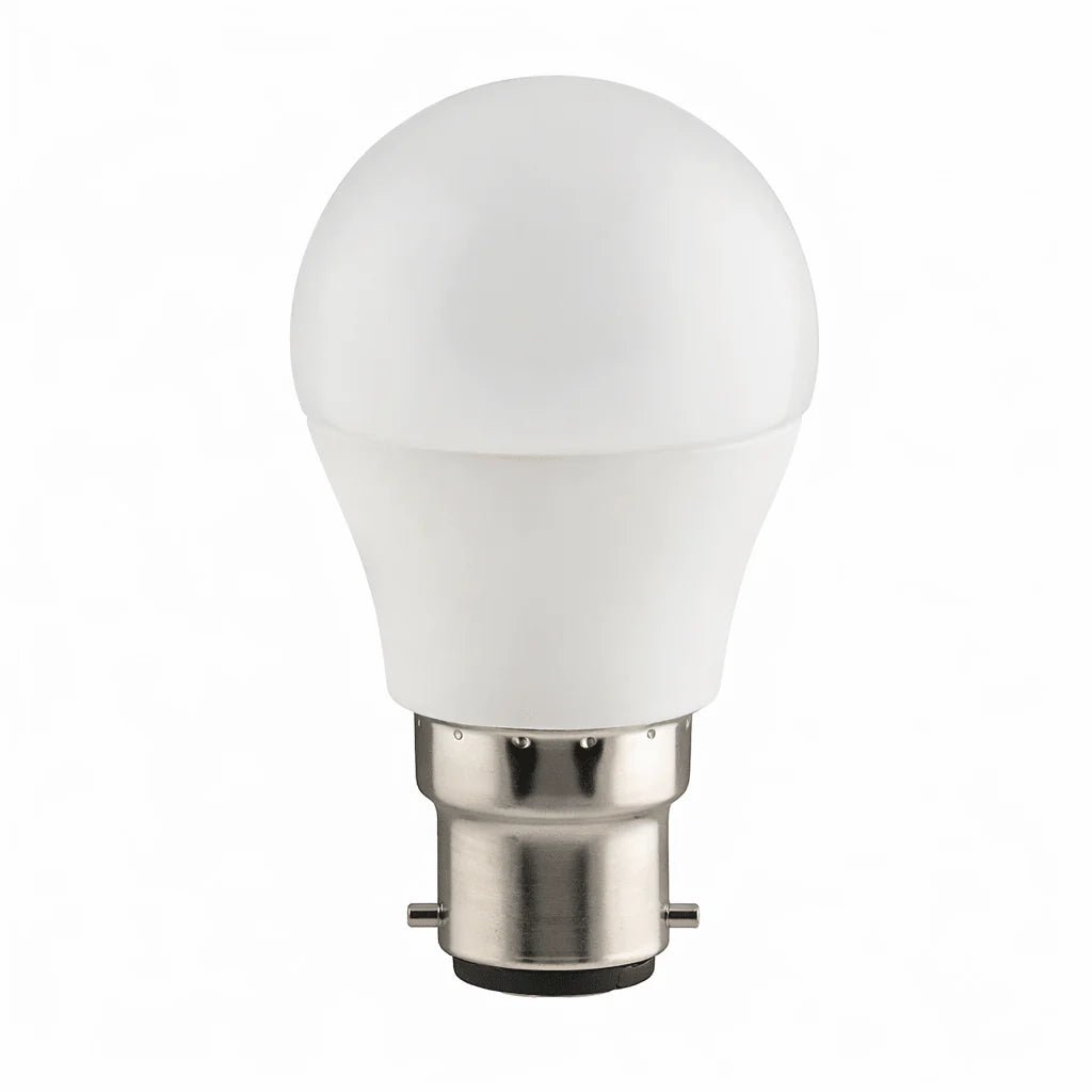 Dimmable LED Golf Ball bulb with B22 cap, featuring a smooth white finish and rounded shape.
