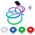 Colorful LED rope light set with remote control on a white background