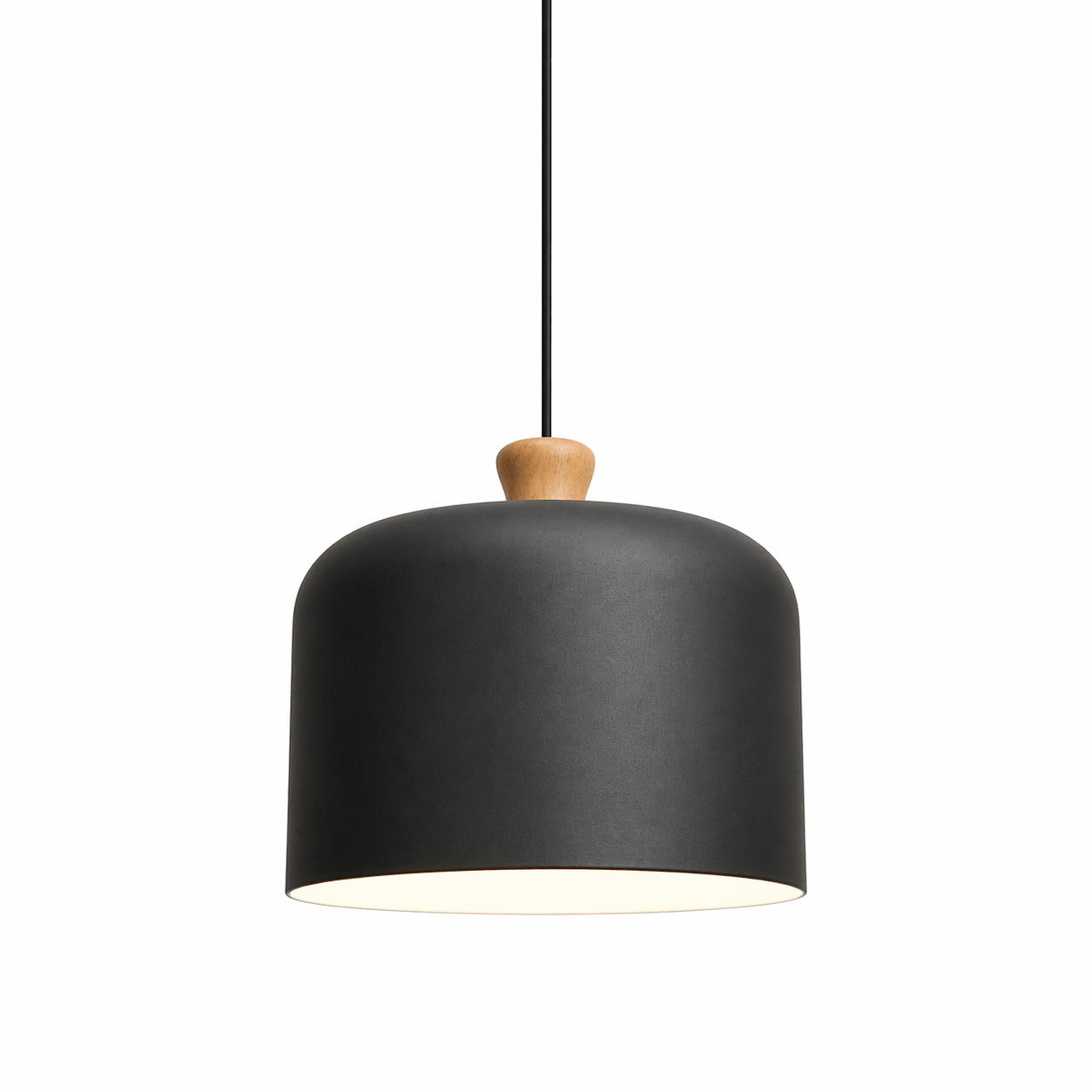 Black pendant lamp with wooden accent on a white background