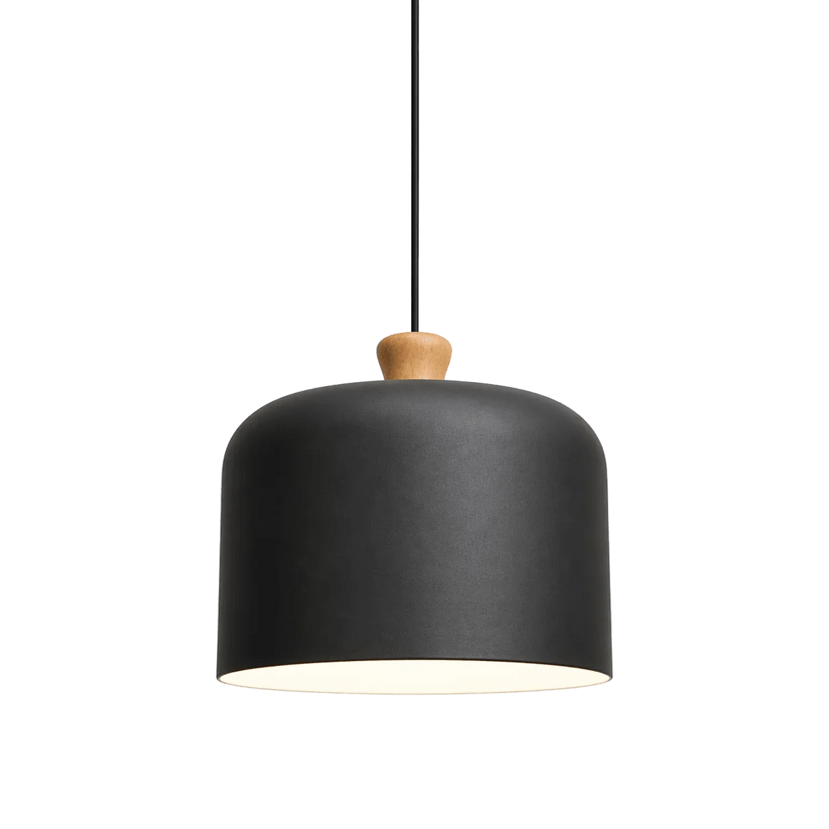 Dark grey aluminium pendant light with a rounded shape and a wooden top, suspended by a black cord.