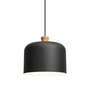 Dark grey aluminium pendant light with a rounded shape and a wooden top, suspended by a black cord.