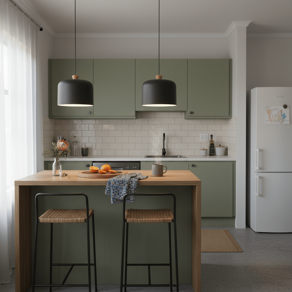 Two dark grey aluminium pendant lights hang over a wooden kitchen island with a vase and fruit.