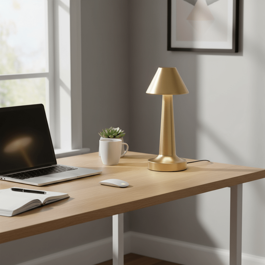 Molly Rechargeable Desk Lamp in gold on a wooden desk with a laptop, mug, and plant.