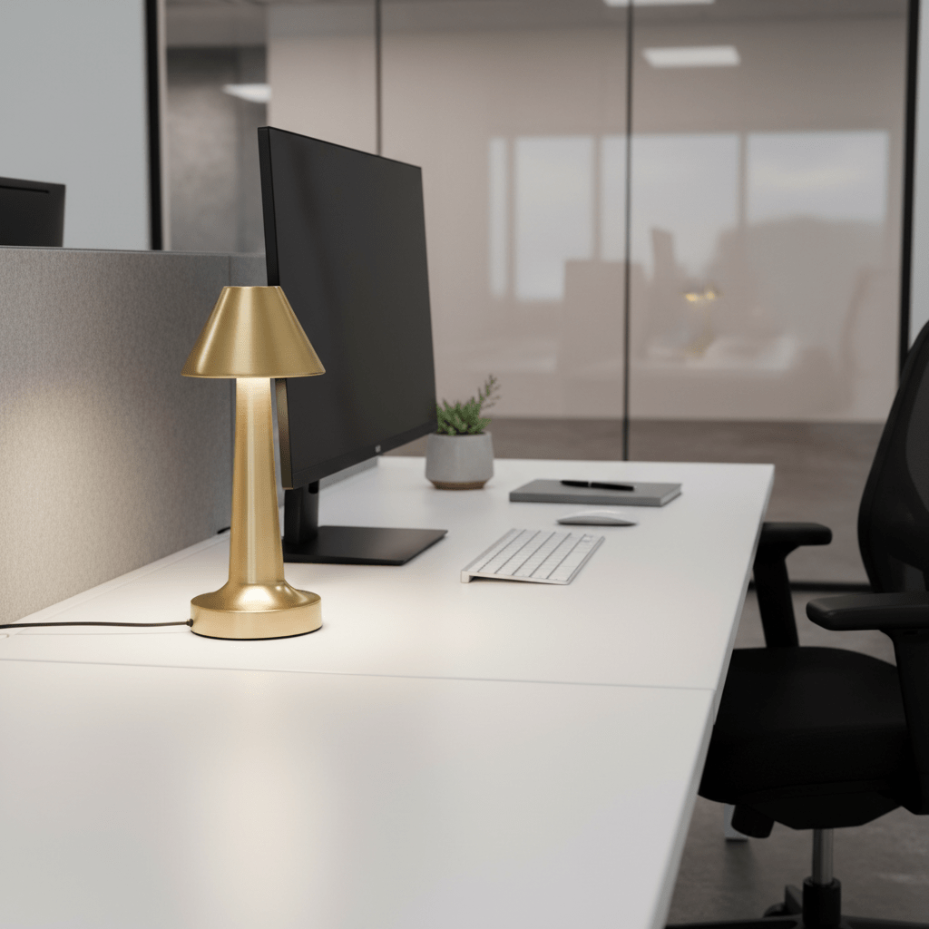 Gold rechargeable desk lamp on a modern office desk beside a computer and keyboard.