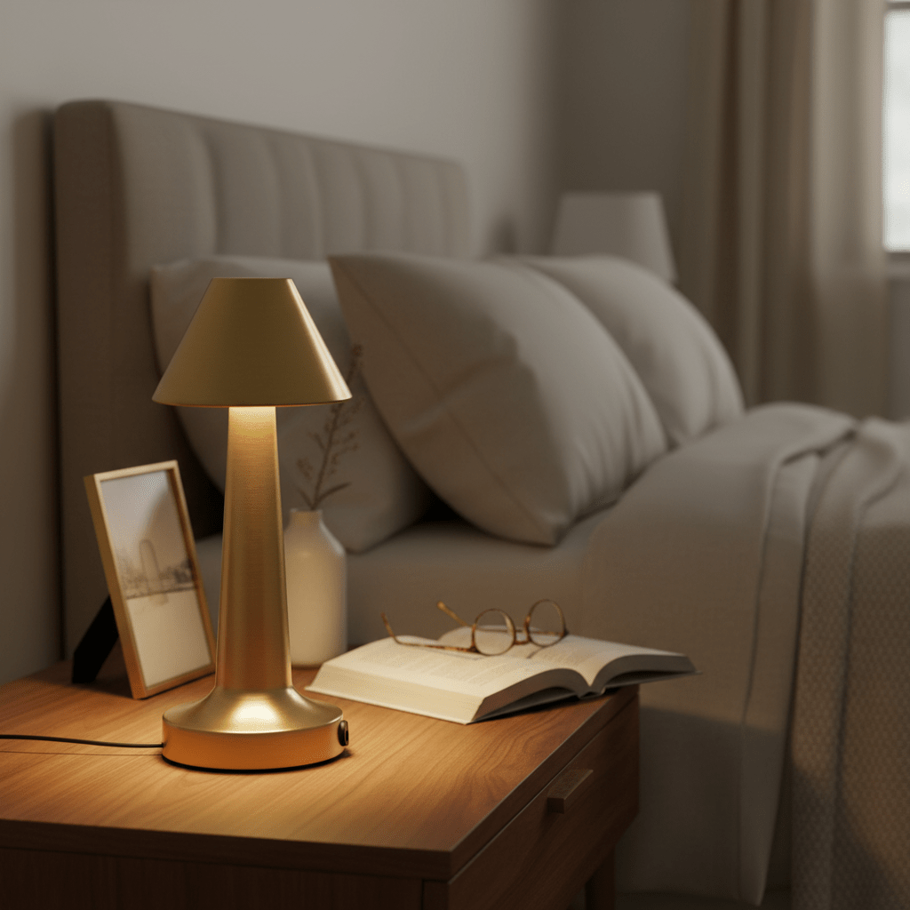 Gold rechargeable desk lamp on a bedside table, illuminating a cozy bedroom scene with a book and glasses.