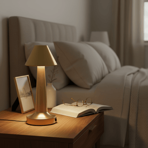 Gold rechargeable desk lamp on a bedside table, illuminating a cozy bedroom scene with a book and glasses.