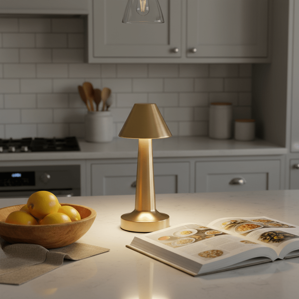 Gold rechargeable desk lamp illuminating a kitchen countertop with a bowl of lemons and an open cookbook.