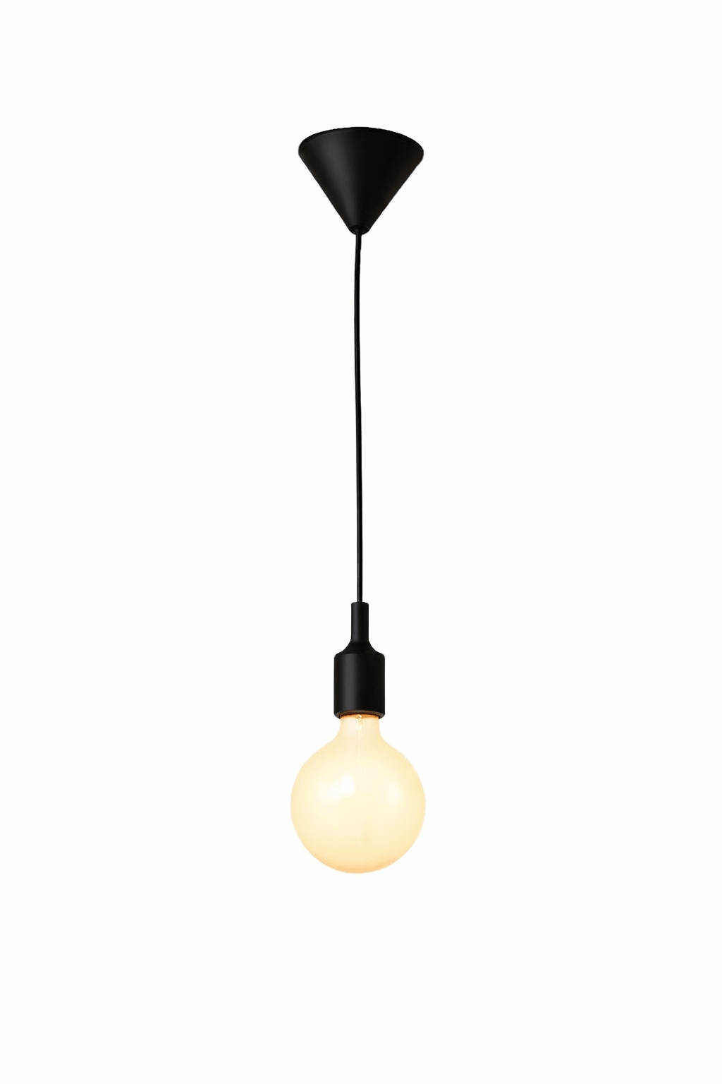 Black pendant light with a lit bulb on a white background