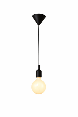 Black pendant light with a lit bulb on a white background