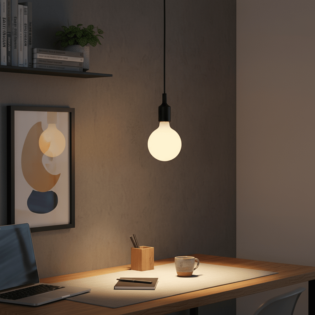 Minimalist LED pendant light hanging above a wooden desk with a laptop, cup, and stationery.