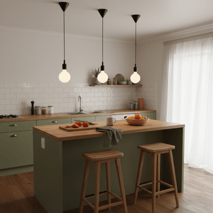Three black silicone pendant lights hang above a kitchen island with a wooden countertop and fruit bowl.