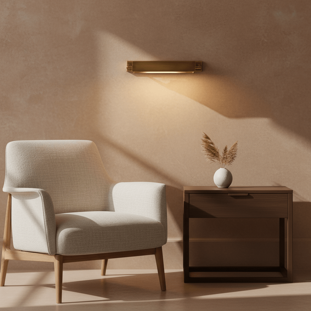 Antique brass wall lamp illuminating a cozy seating area with a chair and side table.