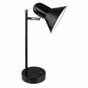 Black desk lamp with adjustable head and built-in USB charger on a stable base.