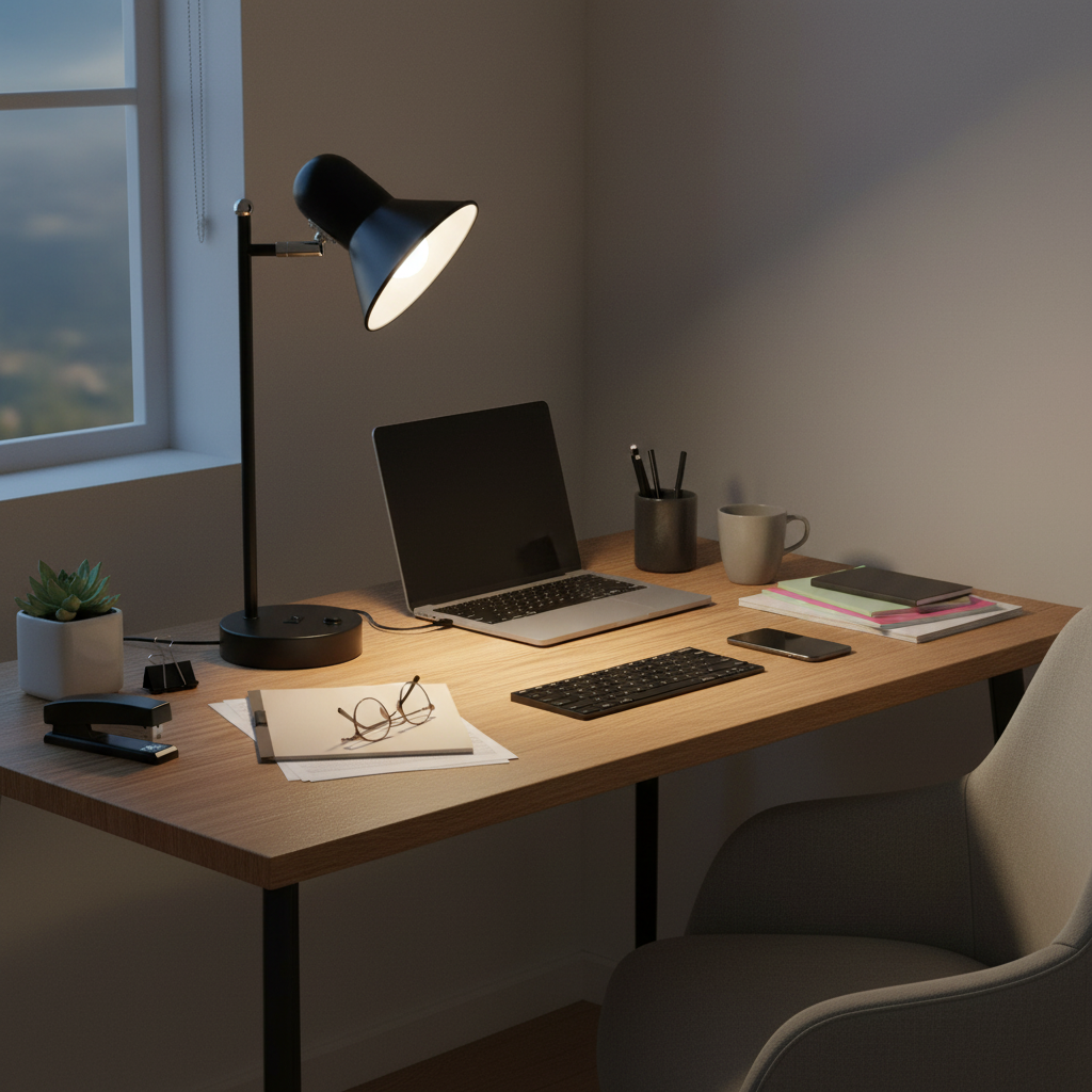 A modern black adjustable desk lamp illuminates a wooden home office desk with a laptop, keyboard, mug, and other desk accessories, set next to a window.