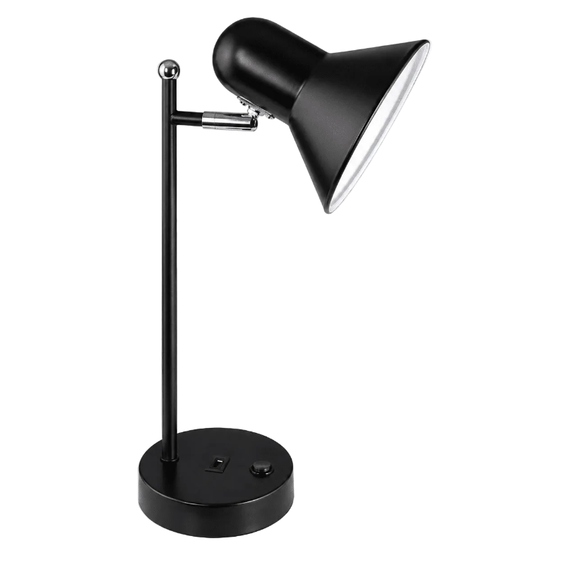 A modern black adjustable desk lamp with a conical shade, slim metal stand, and round base on a plain white background.