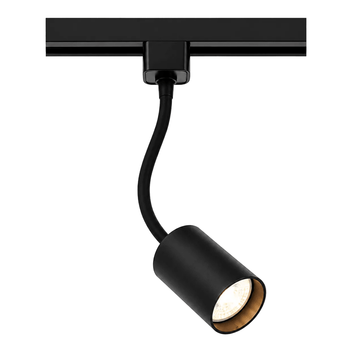 Black flexible gooseneck track spotlight with a cylindrical shade and a gold interior, mounted on a black track.