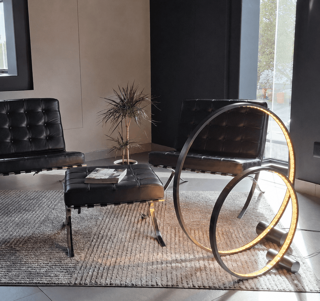 Floor lamp in a Cape Town lounge, realistic South African apartment interior, warm 3000K ambient lighting, modern sofa and timber side table, 800x800 composition with deep green and warm oak accents