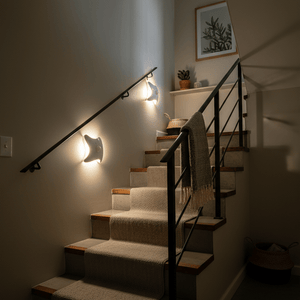 White night light with star design on a white background, next to its packaging.