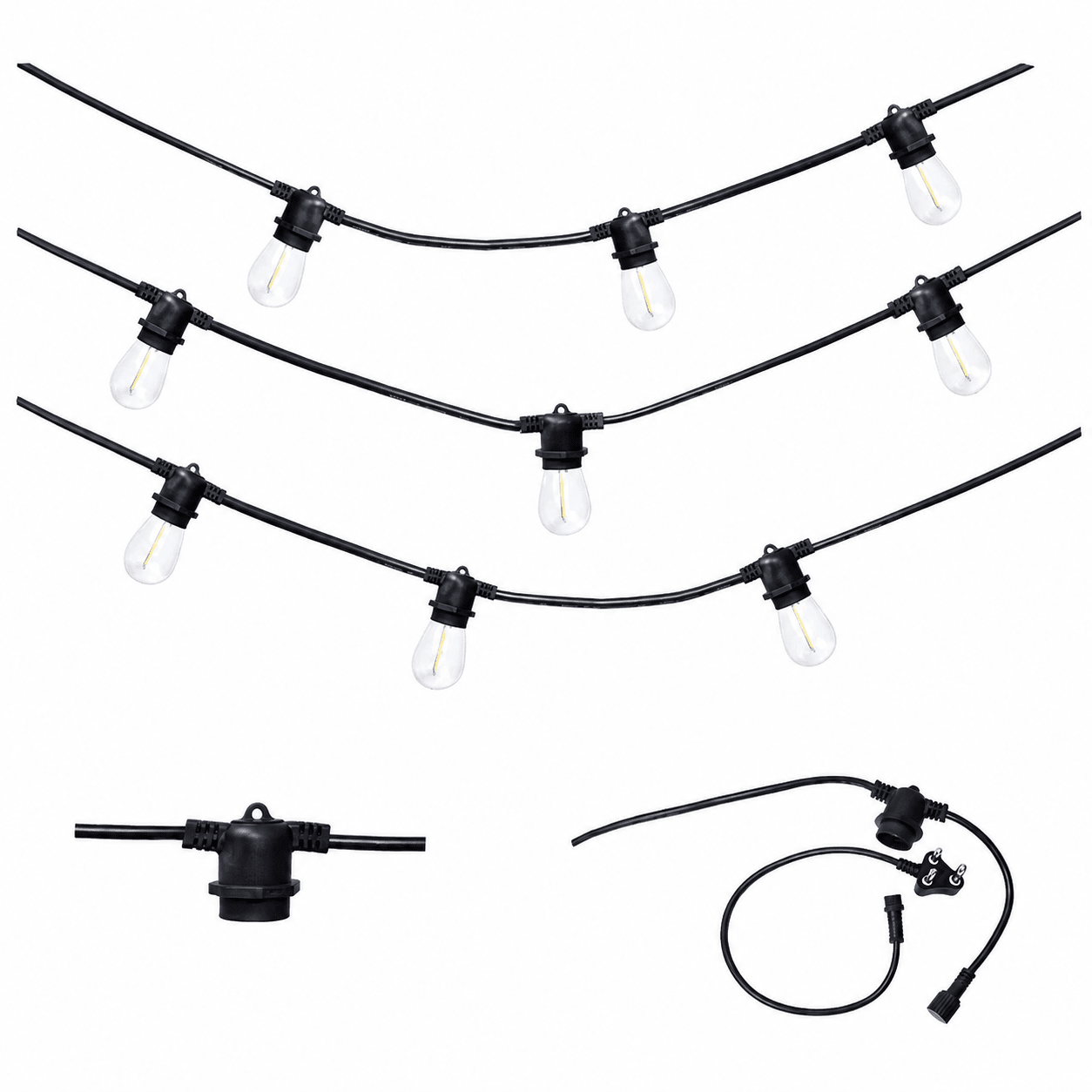 5 meter connectable festoon light cable with clear bulbs and black wiring, ideal for outdoor decorative lighting.