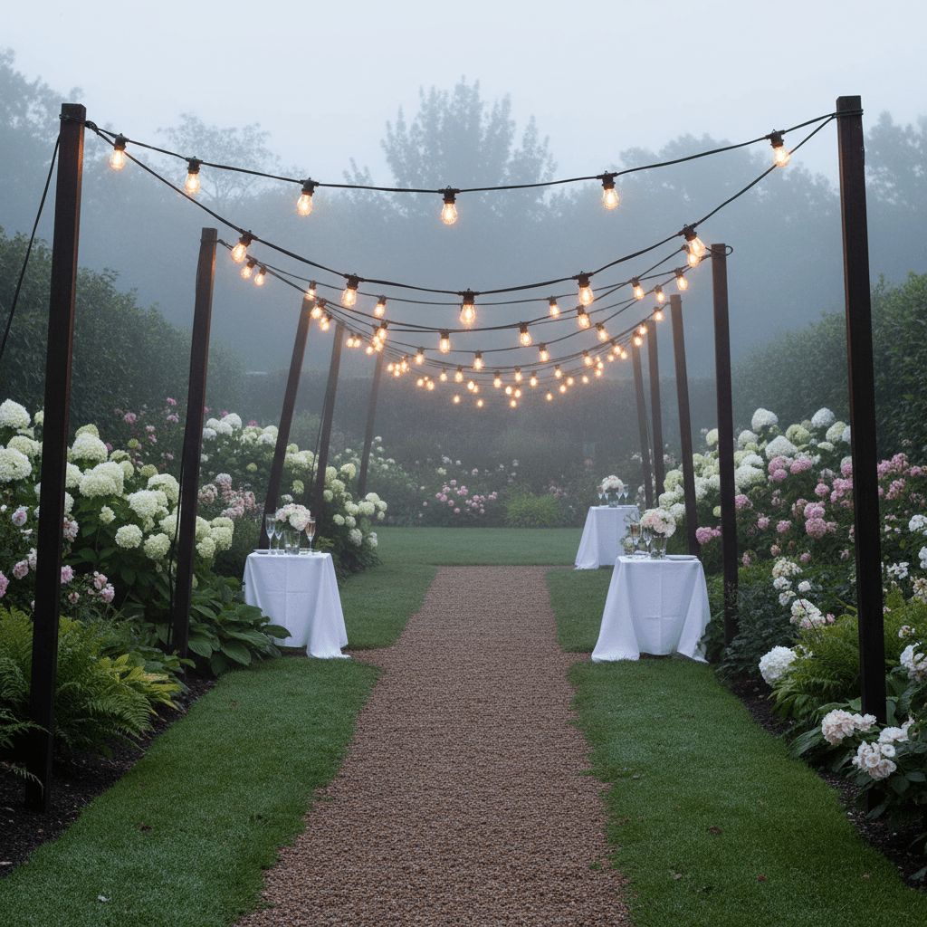 A beautifully lit outdoor pathway with festoon lights strung above, surrounded by blooming flowers and tables.
