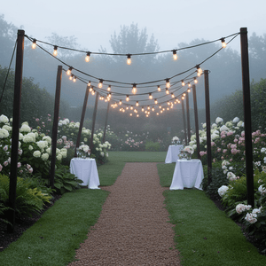 A beautifully lit outdoor pathway with festoon lights strung above, surrounded by blooming flowers and tables.
