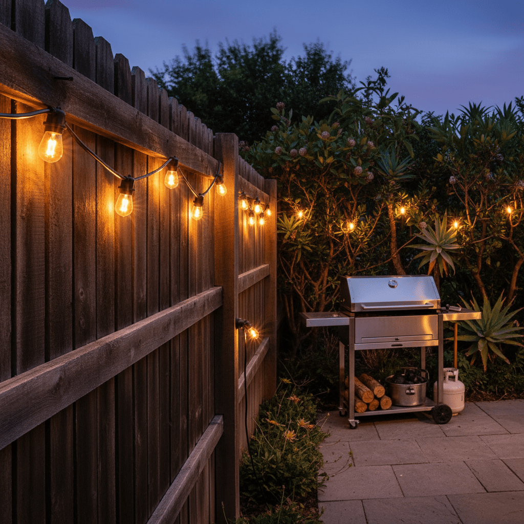 Warm string lights illuminate a wooden fence and grill in an outdoor setting, creating a cozy atmosphere.
