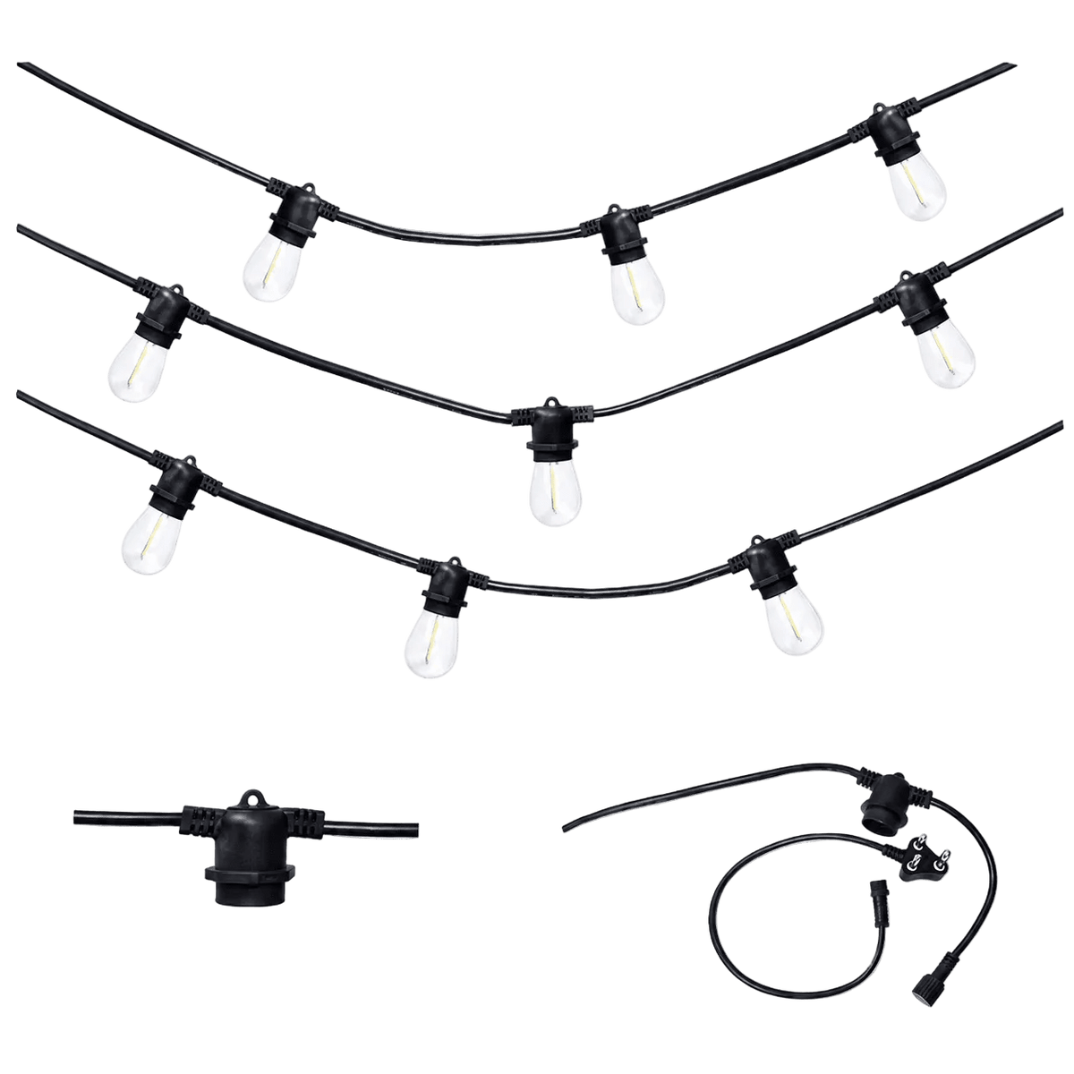 Three black festoon light cables with clear bulbs on green background, plus a T‑connector and power cord with plug.