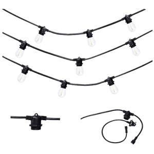 Three black festoon light cables with clear bulbs on green background, plus a T‑connector and power cord with plug.