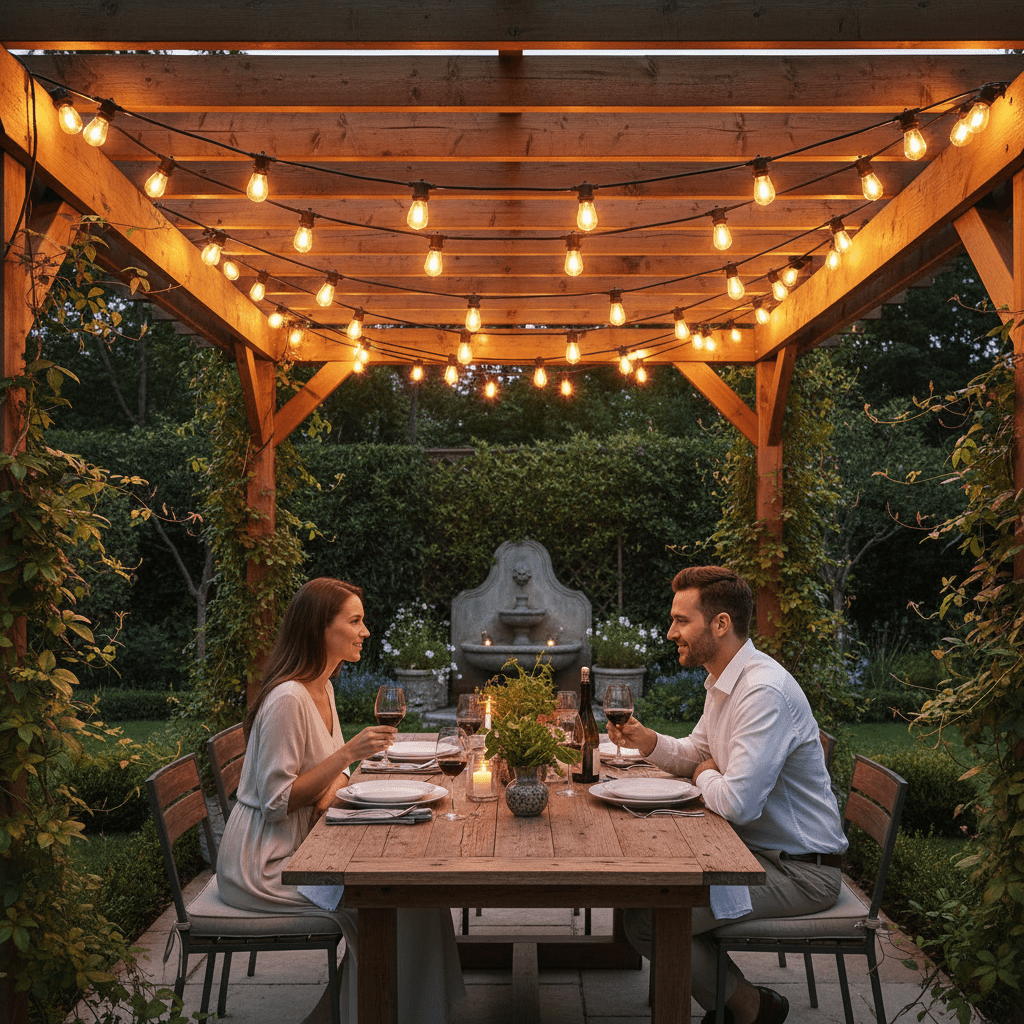 Couple enjoying dinner under warm festoon lights on a wooden pergola, surrounded by greenery.